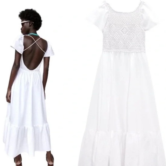 Zara White Crocheted Open Back Maxi Dress - Picture 2 of 8